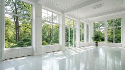 Fototapeta premium Bright sunlit room with large windows overlooking a lush green forest