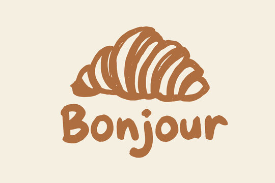 Croissant with Bonjour text naive hand drawn vector illustration