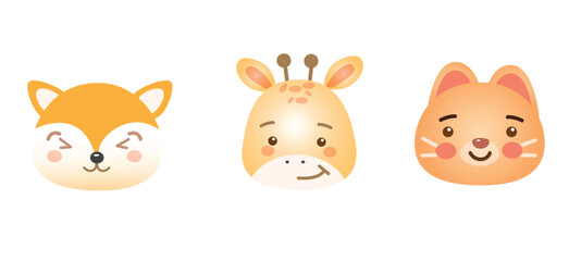 Cute Head Illustrations of Fox, Giraffe and Cat
