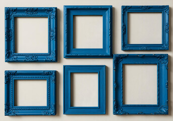 A collection of assorted blue ornate picture frames displayed as vintage wall decor against a transparent background, photographed in a high-resolution studio shot with sharp focus and clarity, bathed