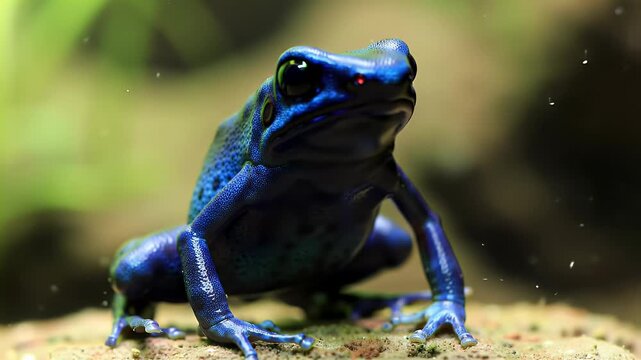 Vibrant Blue Poison Dart Frog in Lush Natural Habitat, Close-Up Wildlife Portrait