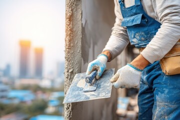 Construction worker using a trowel to apply plaster.