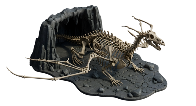 Dragon Skeleton Resting Near A Dark Grey Cave Entrance on Transparent Background