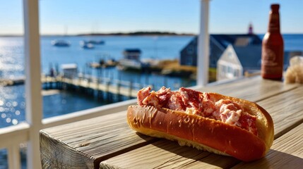 Lobster roll on porch overlooking harbor