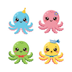 Cute cartoon octopuses with party hats, bow ties, and sailor outfits
