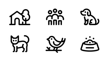 Obraz na płótnie Canvas Doodle line art icons of house with tree, group of people, dog, cat, bird and pet food bowl 