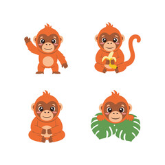 Cute Orangutans in Various Poses with Banana and Leaf
