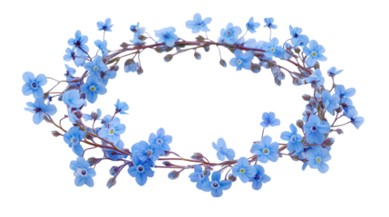 Blue floral wreath of forget-me-nots, elegant spring design, isolated on transparent background