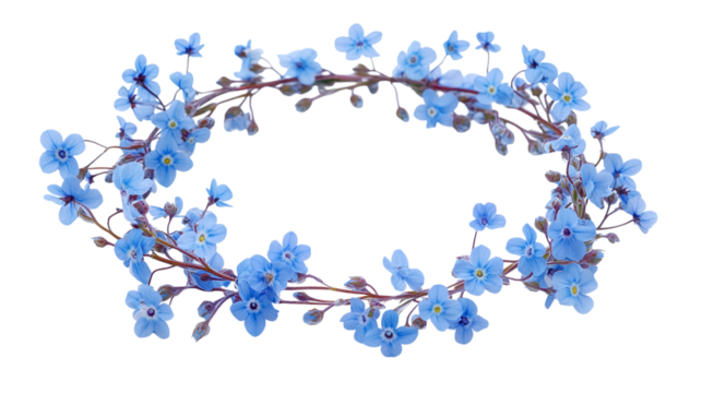 Blue floral wreath of forget-me-nots, elegant spring design, isolated on transparent background  - Powered by Adobe