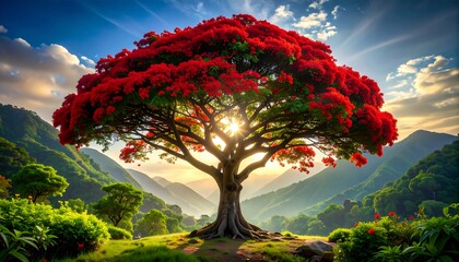 Majestic flamboyant tree bathing in sunlight amidst a breathtaking mountain vista