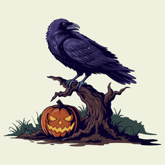 a raven and pumpkin on a tree with a cross