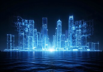 Futuristic blue digital city skyline glowing at night