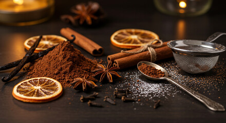 An arrangement of aromatic spices including cinnamon sticks, star anise, vanilla beans, cloves, orange slices, and cocoa powder on a dark surface with a spoon and sieve.