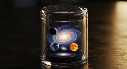 Captivating cosmos contained within a glass jar, showcasing galaxies and planets, an awe-inspiring miniature universe.