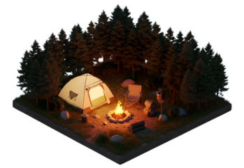 Isometric Campsite at Night Pixel Art with Tent Campfire and Tall Trees on Transparent Backdrop