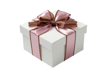 A square white gift box, tied with a pink and brown ribbon bow