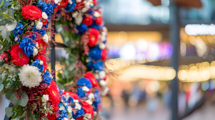 Red, white, and blue floral wreath with seasonal blooms, festive lights softly blurred in the background.