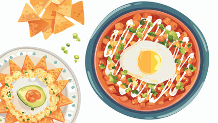 Illustration showing two plates of nachos and a bowl of chilaquiles with a fried egg
