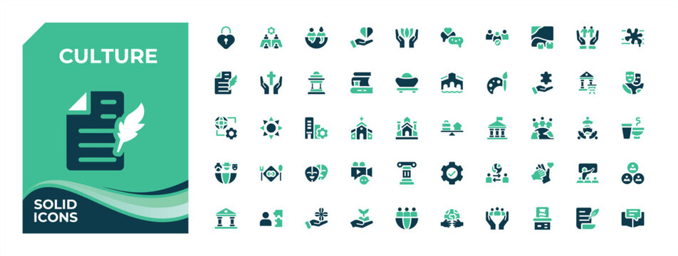 Culture colorful solid icon set. Pictograms of musical, theater, museum, sculpture, historical, painting and more. Set of solid pictogram. Art solid icon set. Vector collections.