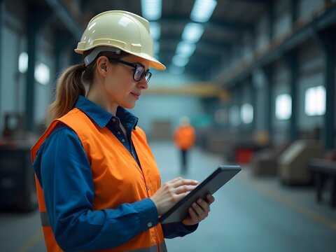 A female engineer in safety gear uses a tablet inside a factory, working on a project. - Powered by Adobe
