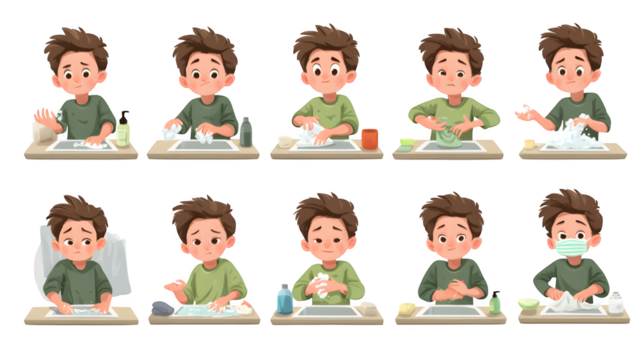 Cartoon vector of a cheerful boy showcasing different moods, poses, and daily life scenes, great visual asset for motion design or child-themed branding.