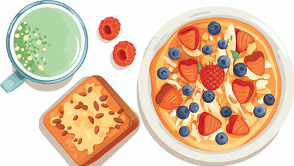 Overhead view of a matcha latte, toast, and fruit pizza with strawberries and blueberries on a plate