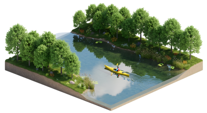 Isometric Lake View with Lush Green Trees and a Yellow Kayak Paddling through Calm Waters