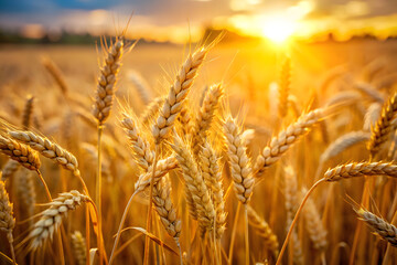 Fototapeta premium Closeup of golden wheat stalks swaying gently in a field during a warm, vibrant sunset, highlighting the beauty of the agricultural harvest and the natural light