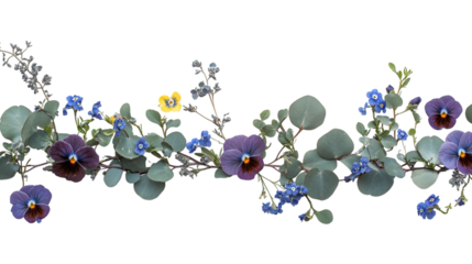 Pansies, forget-me-nots, and eucalyptus branches isolated on transparent background 