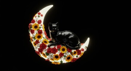 Elegant black cat reclines on a crescent moon adorned with vibrant roses and sunflowers under soft light
