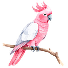 Beautiful pink cockatoo with a spiky crest and grey wings, perched on a tree branch illustration.