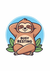 A cartoon sloth sits peacefully with hands behind its head and eyes closed smiling