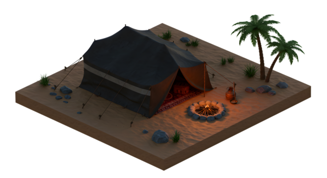 Isometric Pixel Art of Bedouin Tent with Campfire in Desert Oasis with Transparent Background