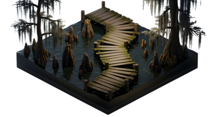 Isometric Pixel Art Swamp Scene with Wooden Dock and Cypress Trees on Transparent Background