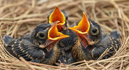 Fototapeta premium Tiny Bird Fledglings with Open Mouths Nesting in Twigs