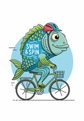 Obraz premium Funny anthropomorphic fish with human legs wearing a helmet rides a bicycle with a basket on the front