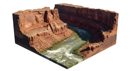 Isometric Red Rock Canyon With Winding River Green Vegetation And Transparent Background In Pixel Art