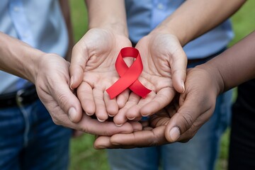 Diverse hands holding red AIDS awareness ribbon showing support and solidarity for World AIDS Day, promoting health and hope for a cure, a powerful global message