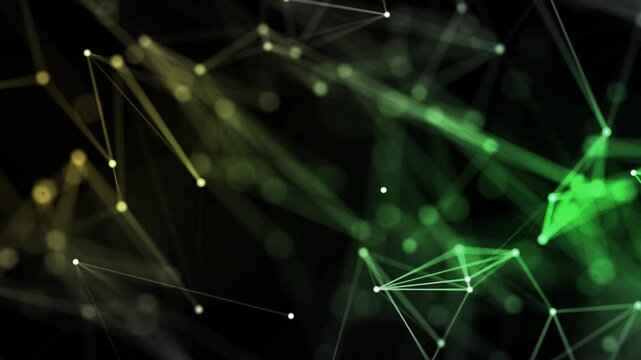 Green and yellow glowing network nodes on dark background, abstract technology data structure loop