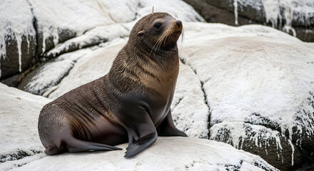 Obraz premium Cute Brown Fur Seal Resting on White Rocky Shore