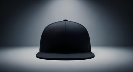 Plain black baseball cap with a flat visor, front view. Blank template for design and branding.