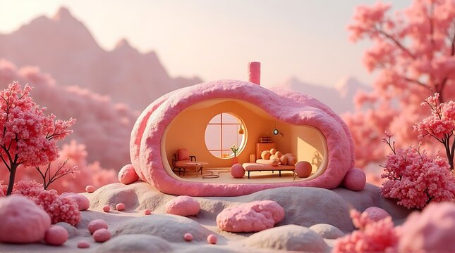 Modern pink fantasy home on a rocky mountain with pink trees