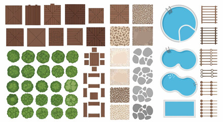 Top view of outdoor elements including wooden decks swimming pools garden furniture trees and decorative stones for landscape design
