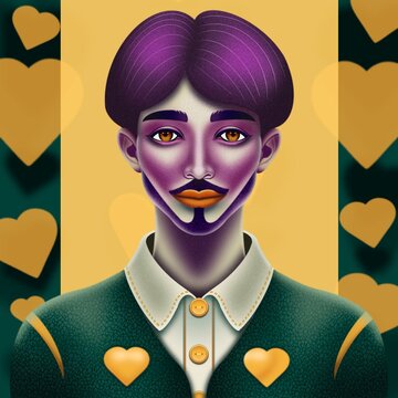 Volto in primo piano di un ragazzo con barba e baffi. sfondo illustrato con colori e oggetti abbinati