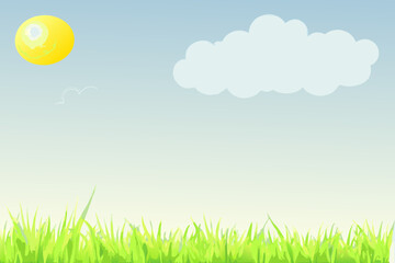 Bright sunny day with fluffy cloud green grass and a distant bird in a clear blue sky