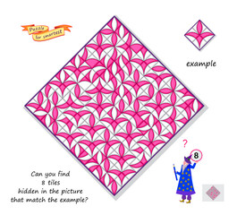 Can you find 8 tiles hidden in the picture that match the example? Logic puzzle game for children and adults. Game Seek and Find. Task for attentiveness. Brain teaser book. Vector image.