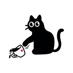 Funny Cartoon Black Cat Knocking Over a Coffee Cup