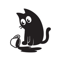 Curious Cartoon Black Cat Looking at Spilled Cup