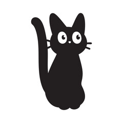 Cute Black Cartoon Cat with Long Tail Sitting Upright