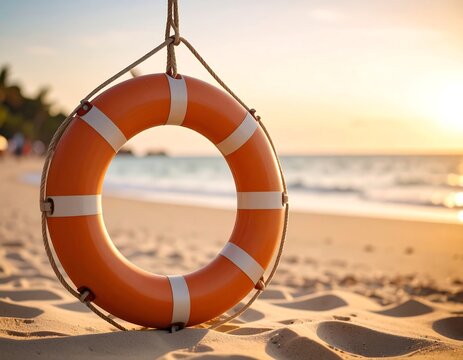 Lifebuoy on a Beach at Sunset: Symbol of Safety and Hope in a Tranquil Scene